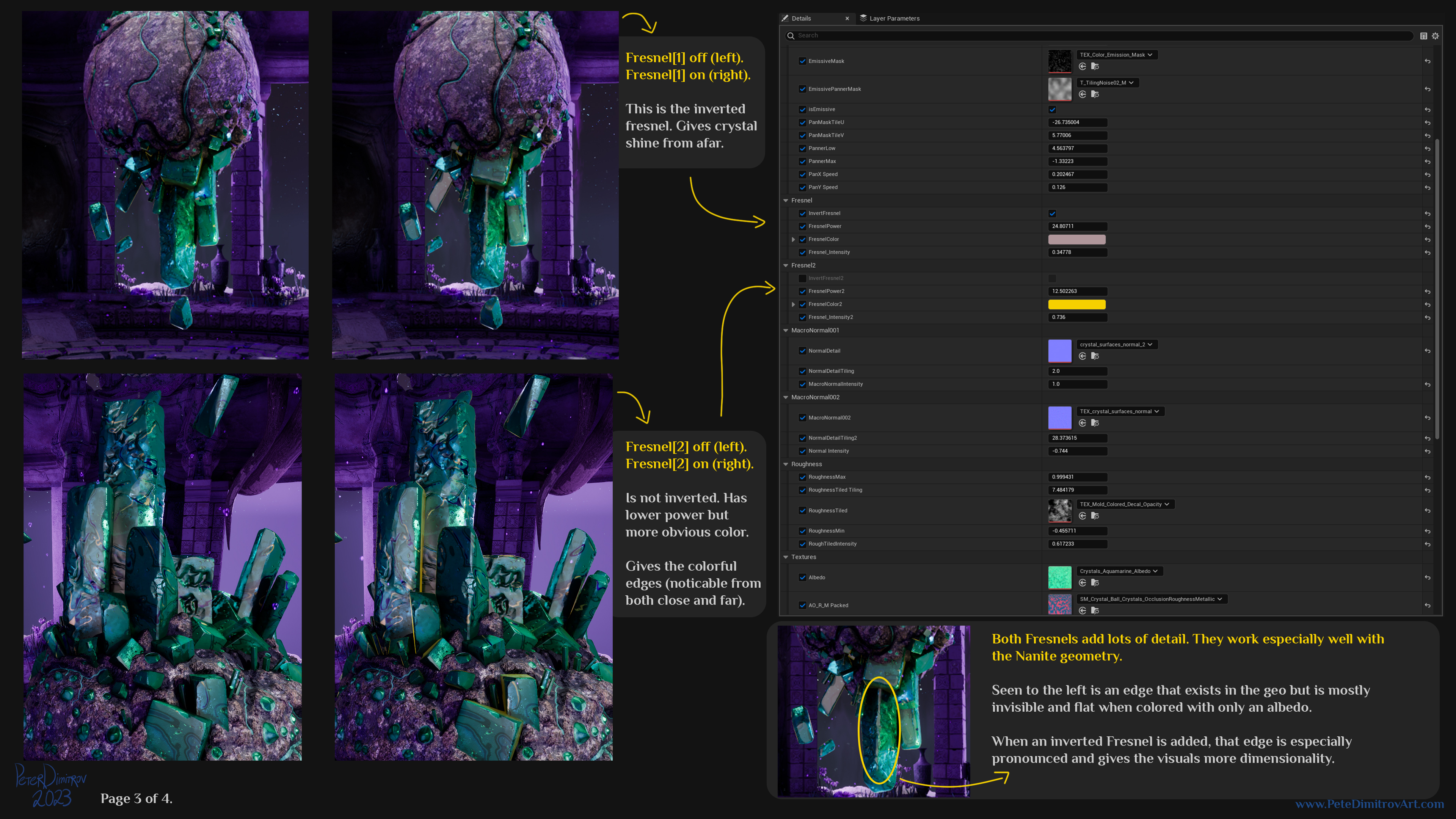 Another image collage (third one). Here there are 5 purple screenshots. They show different parts of the crystal prop that is now tinted in green and teal hues. The background of the scene is in deep purples. This slide showcases the fresnels used in the shaders. If one zooms close onto the green crystal and compares the different images, the fresnels can be seen giving bright contour and extra dimension to the artwork. Yellow arrows point on a screenshot of the material settings and the different parameters. Text is transcribed below.
