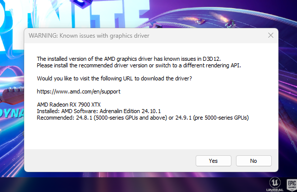 Screenshot of a warning message that appears once opening Fortnite on driver 24.9.1 or driver 24.10.1. It’s message is transcribed below.