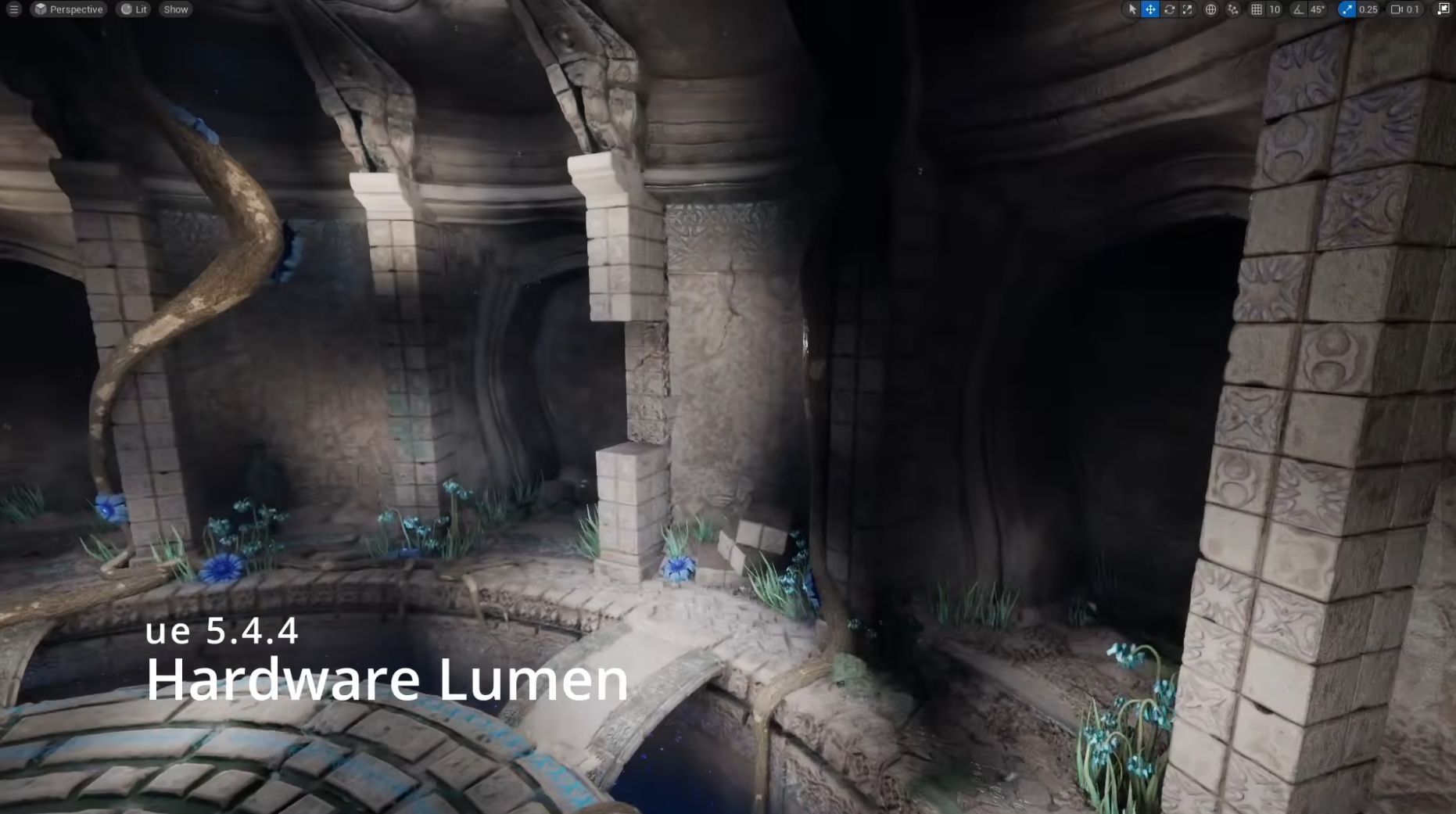 A still screenshot from the previous video. It shows an angle of the environment, seen after a sudden camera move had been made. The dark interior is revealed to be leaking with light spots, as if Lumen struggles to update the lighting correctly. Text says its UE 5.4.4 and Hardware Lumen on.