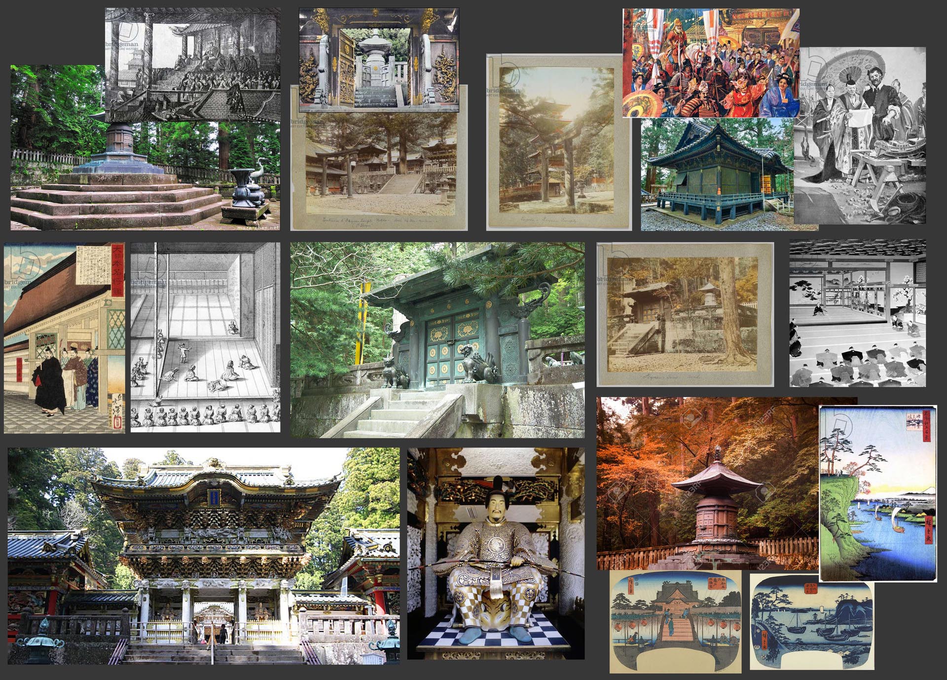 A moodboard screenshot that includes 17 images, drawings, old photographs and more of Feudal Japanese architecture, huts, gates.