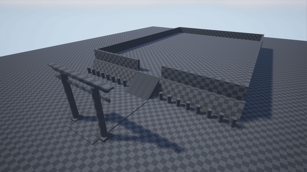 Gif preview showing the progression of building up the blockout. It all starts first with simple rectangular platforms only to later be build up by smaller “wooden” structures of supports that then host other square buildings on top.
