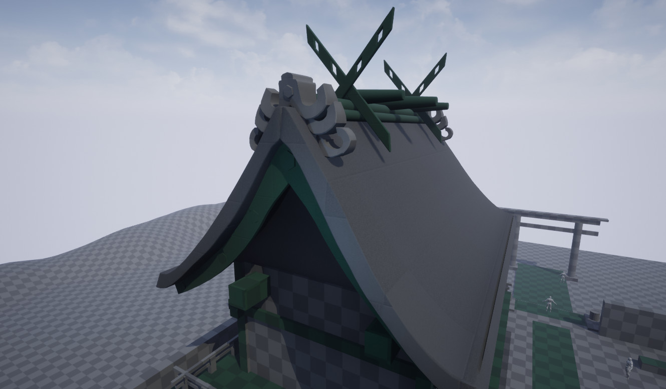 Very close up UE4 screenshot of the roof and the intricate details (that are lowpoly blockout still). Those are roof parts like Katsuogi, Chigi, Iraka-oi.