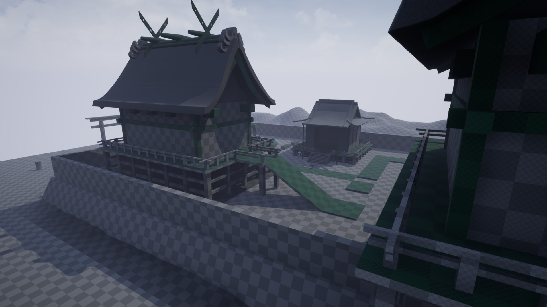 A view (screenshot from Unreal) showing close up, in a dark spot between two buildings. This time around, the structures have roofing that looks in a typical, Feudal Japan style (sharp angle, large decorative pieces on the top).