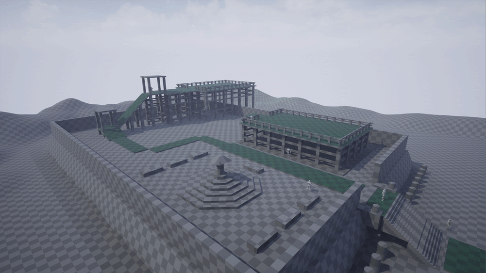 Side camera gif progression animation. Shows the build up on the roofs from the last post but then the build up of the calligraphers hut, the atmospheric fog and other Unreal 4 effects.