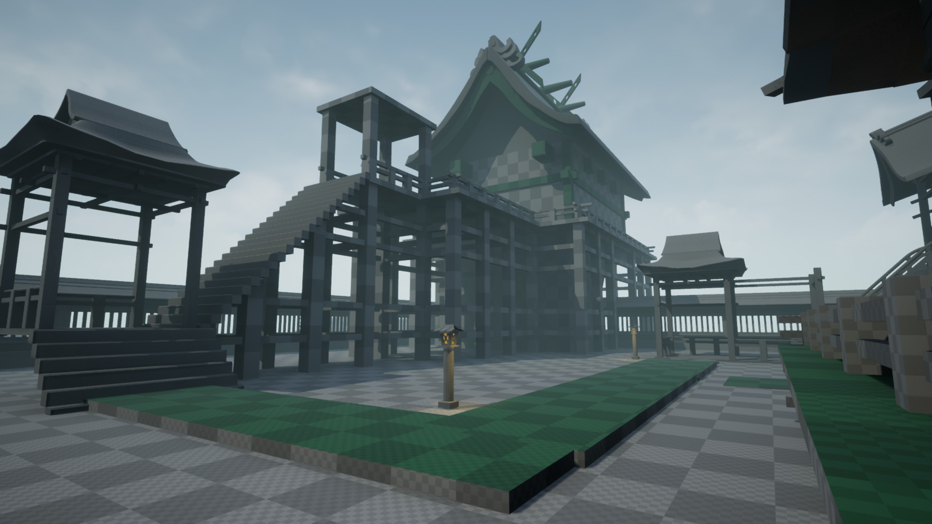Lower, dramatic angle UE4 screenshot showing the blockout of lots and lots of wooden beams that build up a traditional Feudal Japan style platforms that then support a building.