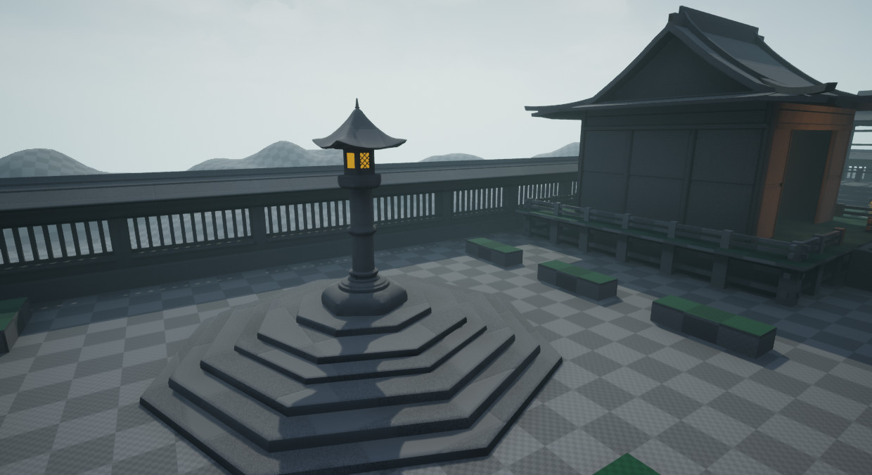 A shrine screenshot. Steps in a circular manner all condense towards a focal point where there is a stone lantern post.
