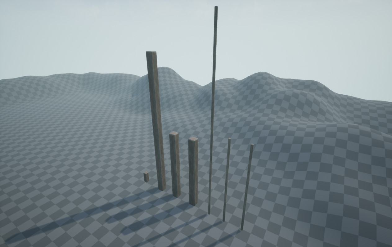 Checkerboard landscape with 7 support, wooden beam static mesh props on top. Unreal 4 screenshot.