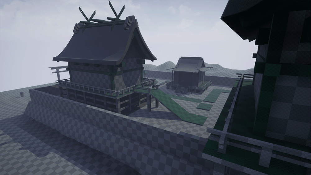Gif progression preview. Shows the build up of the wooden structures up to the point of the support beams having a texture. Then the adding of fog, lanterns and placeholder trees in the background.