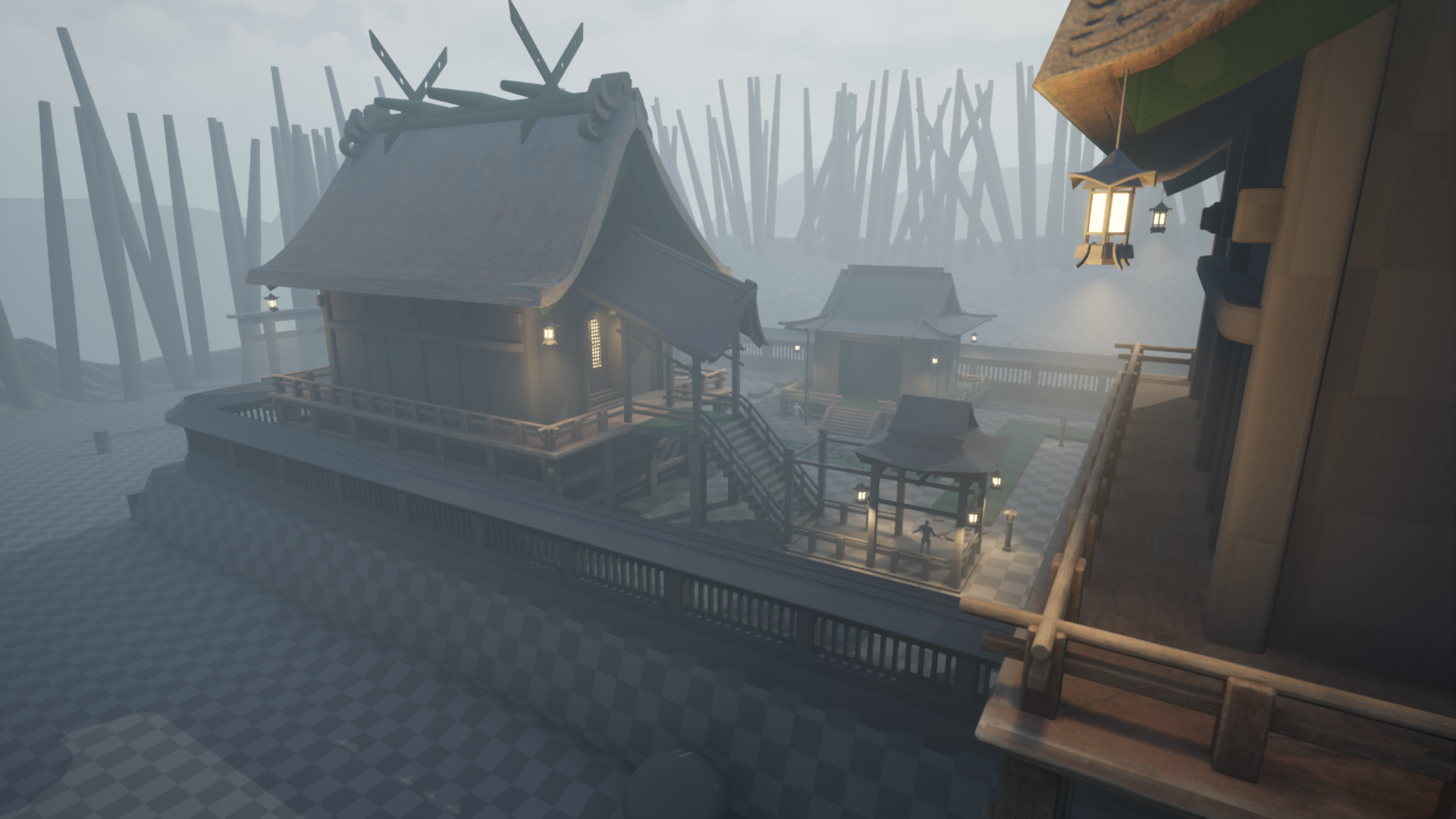 Screenshot of a camera between two buildings, close to them, Unreal 4. One can observer the wooden beams and supports, fully textured now. The roof has a wooden texture as well. There are hanging lantern props that cast some Point Lights too. In the distance, where the landscape ends, there are long, sharp cylinders that are indicating placeholder trees creating a forest.
