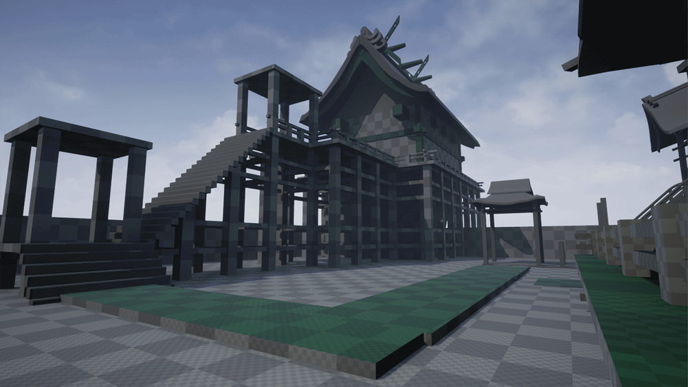 Progress gif from the angle where one can observer the dense, wooden supports. There is now a build up of balcony and shaded roof parts too. Place goes from unlit and flat to having hanging lanterns with dramatic, orange spotlights that have strong influence on the Volumetric Fog used in UE4.