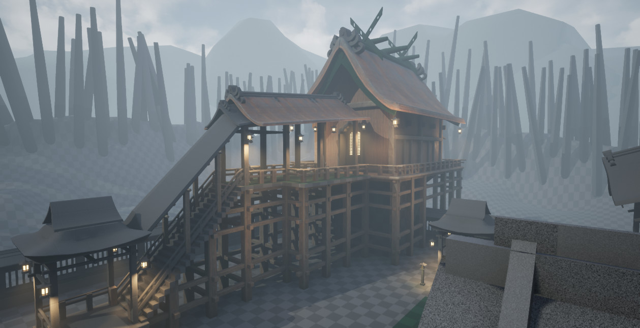 Screenshot of one of the buildings that sits on the most densely populated wooden supports. Lots of placeholder trees in the background (simple cylinders) and a lowpoly mountains range.