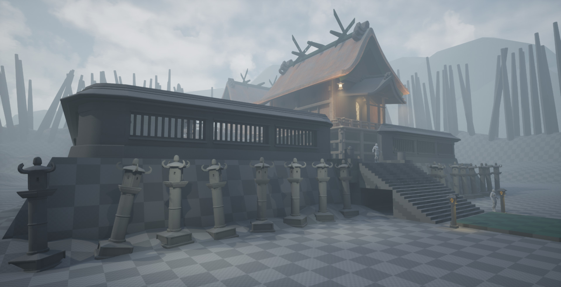 Low ground camera shot from Unreal 4. Close to the front are lots of stone shrine lanterns. Steps take one upwards towards the main layout of the whole place. Part of a building is seen with its wooden balcony and supports lit in oranges through hanging lanterns. In the background where the landscape ends, one can now observe large, lowpoly mountains range.