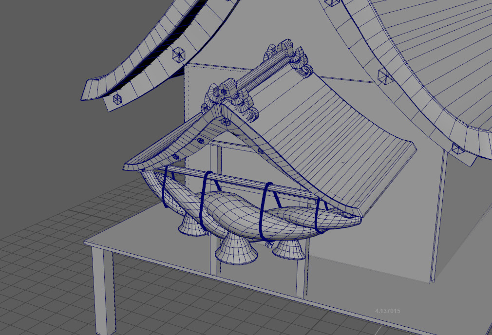 Maya screenshot showing the wireframe of a twisted, bell-like structure made out of ropes that sits at some of the balconies as a decoration.