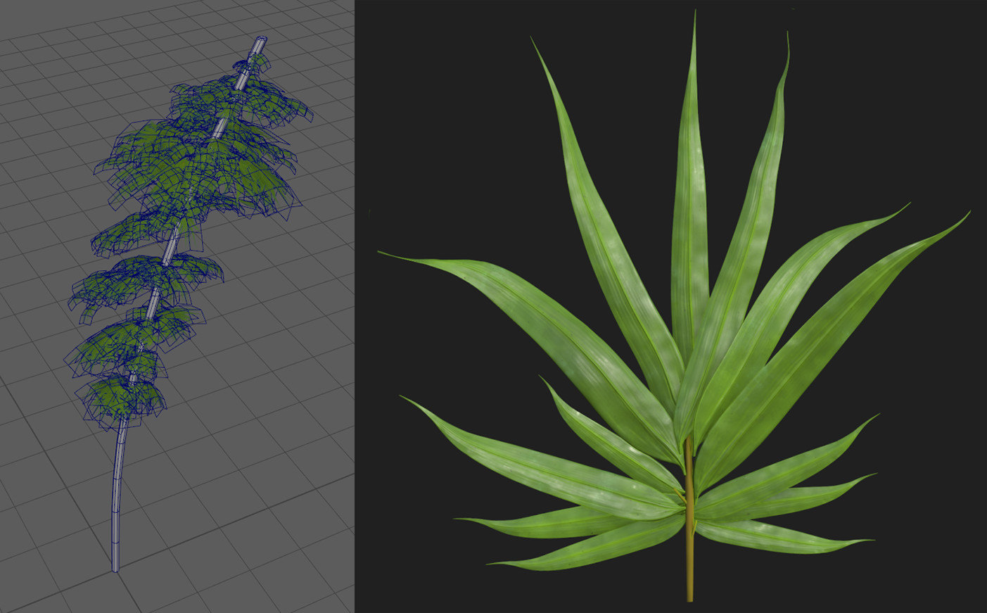 Screenshot from Maya to the left. Shows a foliage that is to be a bamboo. To the right is a Substance Designer screenshot showing a baked down leaf. To be used as foliage cards on the image to the left.