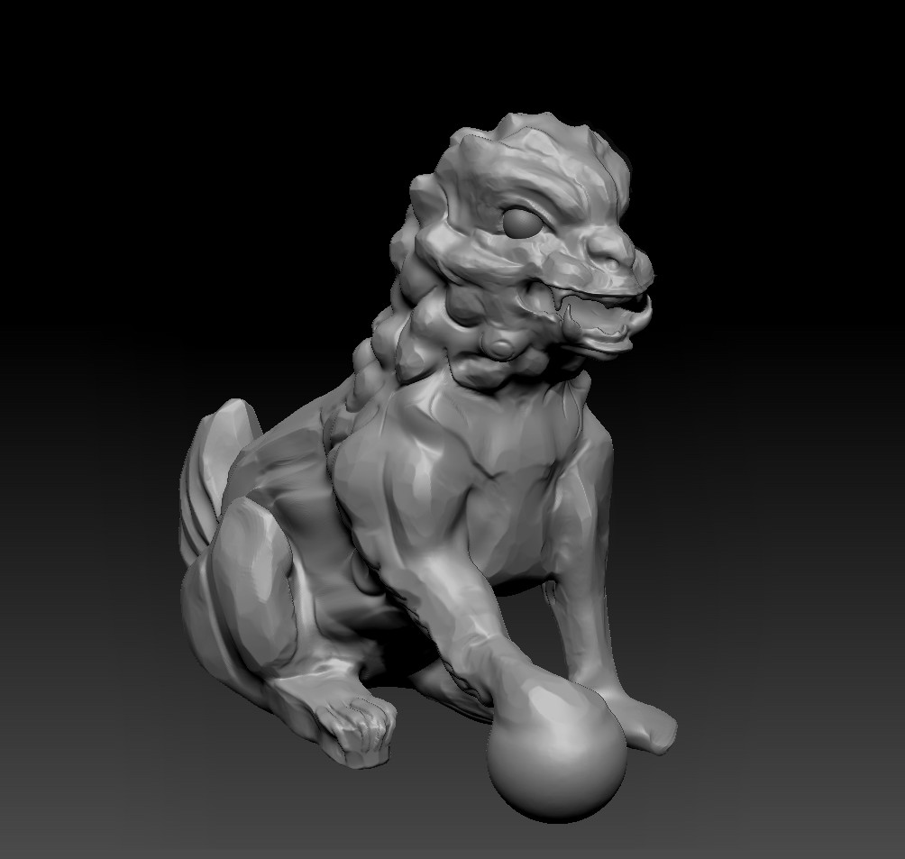 Zbrush screenshot showing the Foo Dog sculpture. A dog with rabbit like backside has its right paw on an orb.