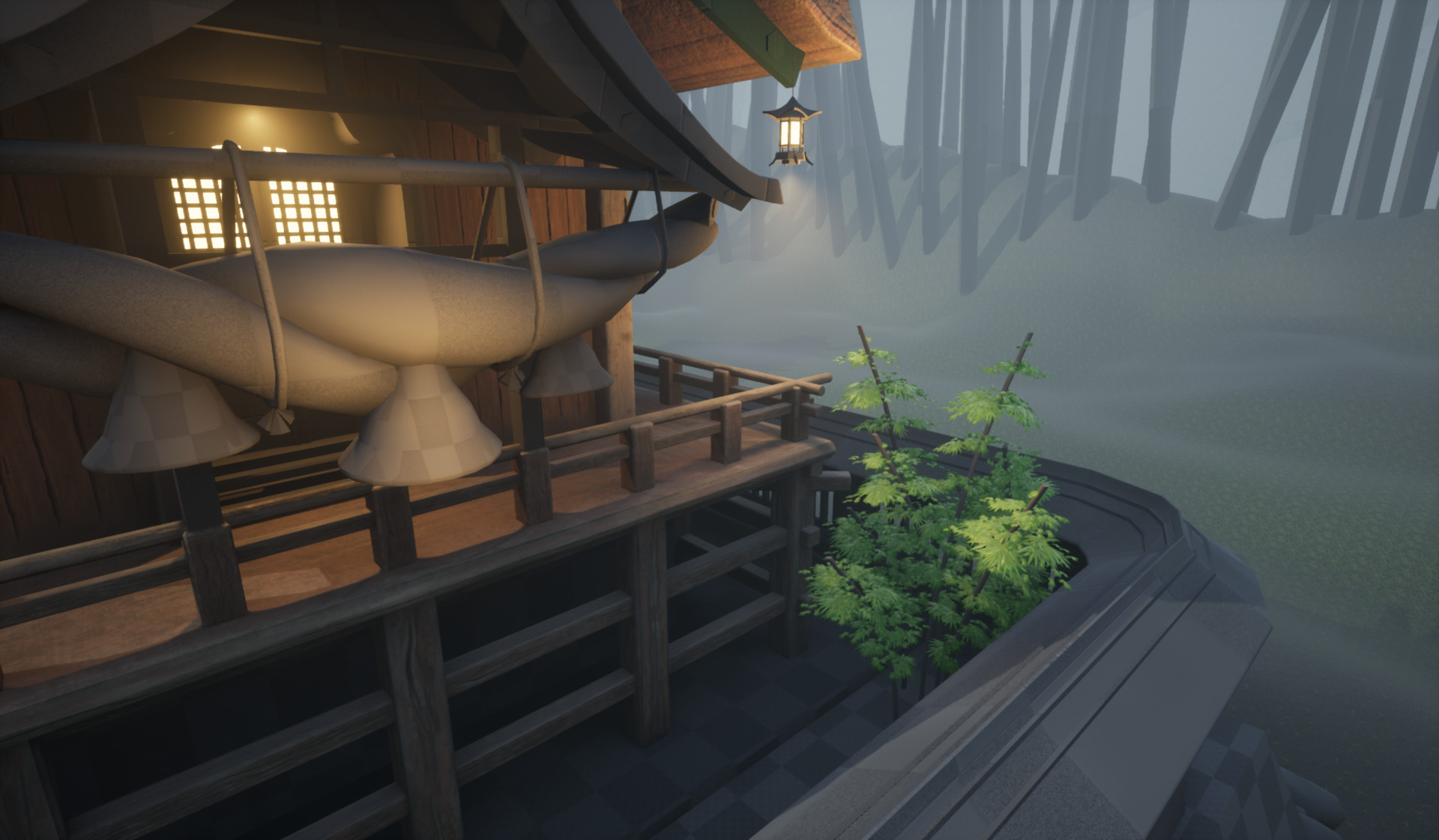 Preview in Unreal 4 of the foliage prop seen above. Next to it is a balcony and the static mesh of the hay bells that are work in progress.