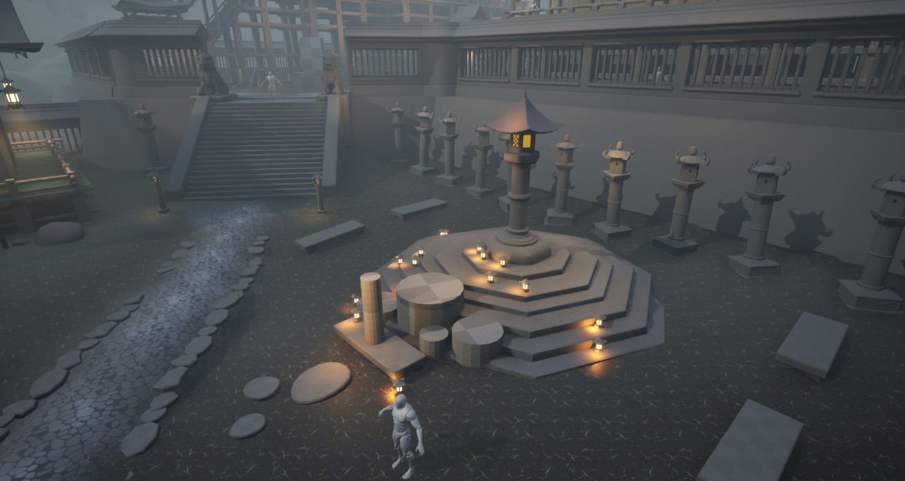 Look specifically at the shrine where there are circular steps leading to a focal point of a stone lantern. On the little steps there are many tiny lanterns. They light up in oranges the otherwise gray area (UE4 screenshot).