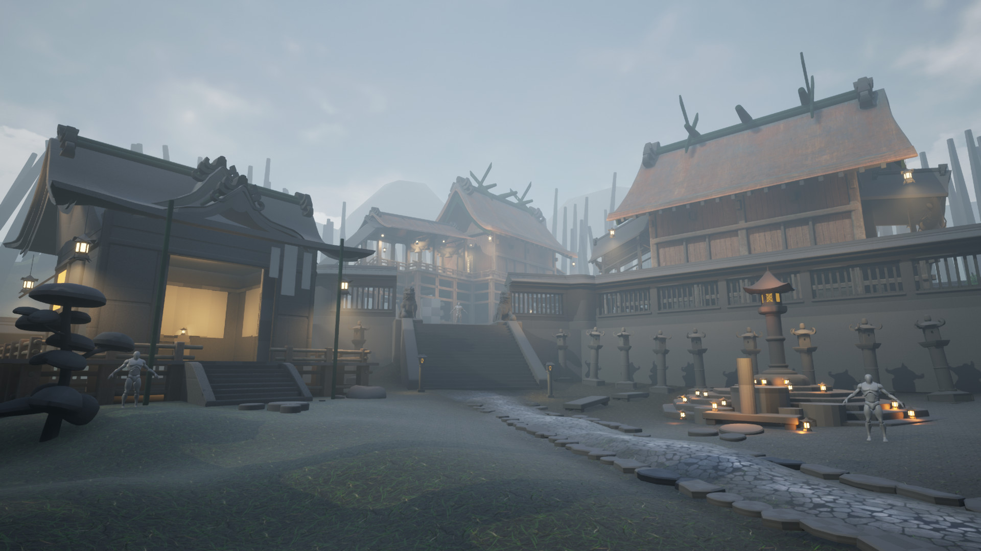 Unreal 4 screenshot showing the layout of the 3D scene. Everything is now moved around and reshuffled. The calligraphers hut is now on a level in Z lower than before. It sits to the right of the steps that lead to the main buildings. On the left of these steps is the shrine with the large, stone lantern.