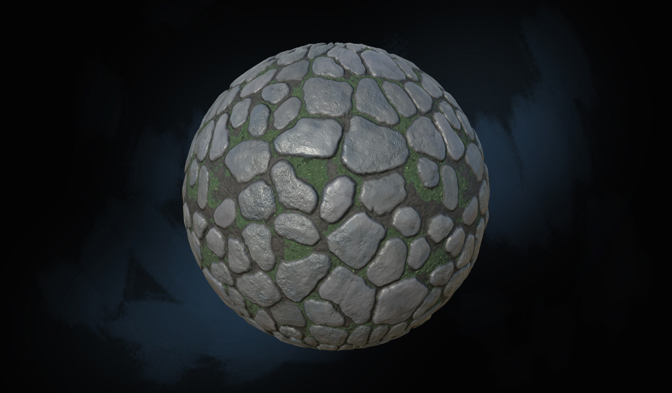 UV sphere screenshot from inside Substance Designer. Showcases circular stones. A pavement-like texture. Between the stones, in the gaps, there is green moss.