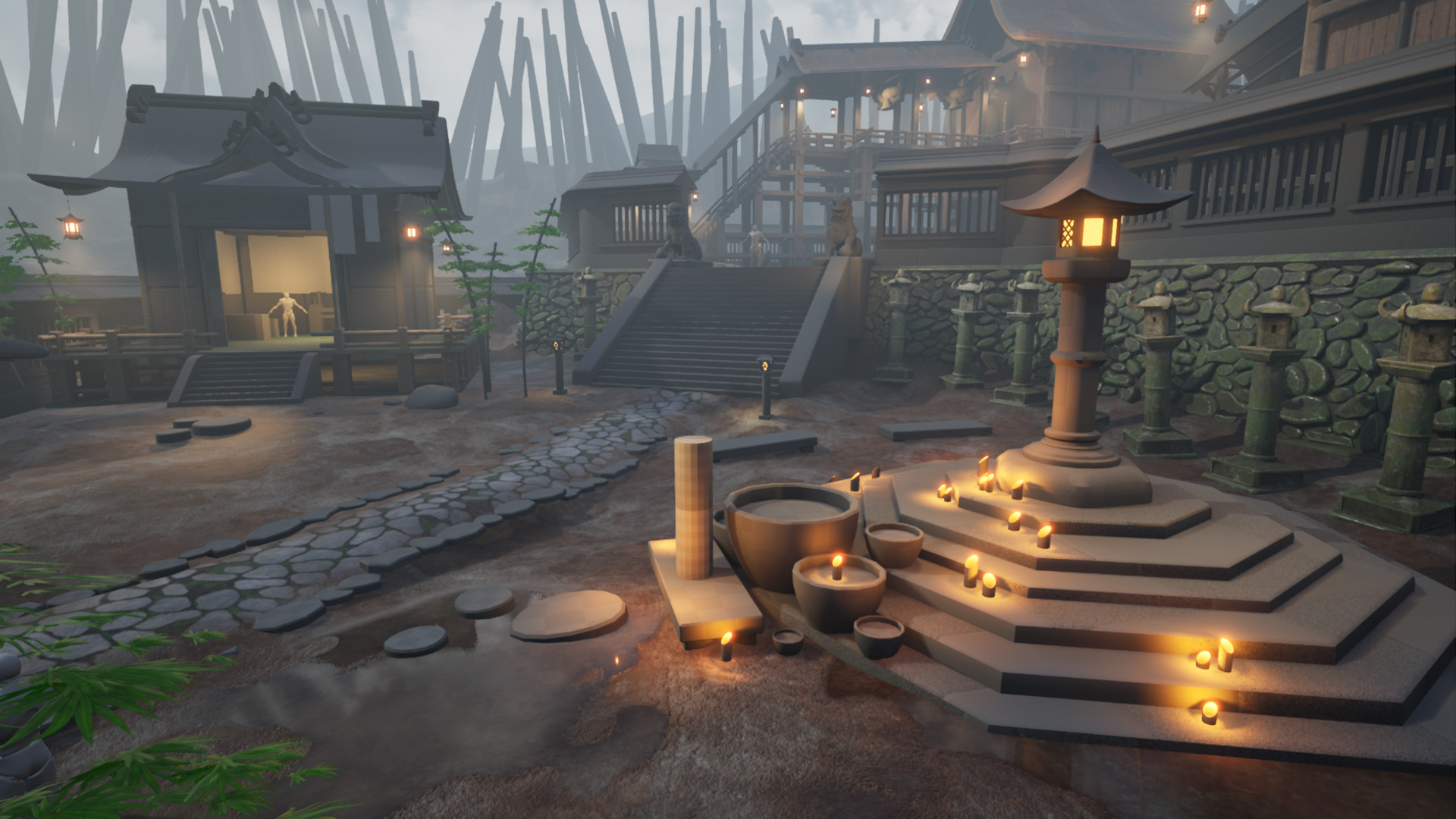 Unreal 4 screenshot showing the shrine to the right. A little calligrapher’s hut to the left. On the right side, behind the shrine, there is lime-stone green, cobbled walls.