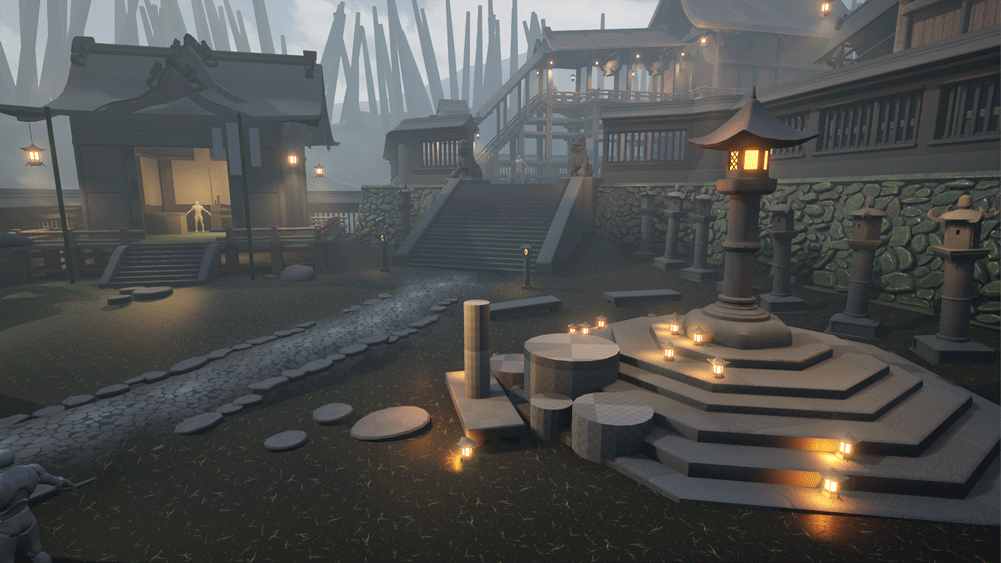 Progress gif showing the build up of the scene. Everything gets properly texture, the placeholder replaced for animal statues. The calligraphers hut takes slowly proper shape and its roof gets more and more intricate.