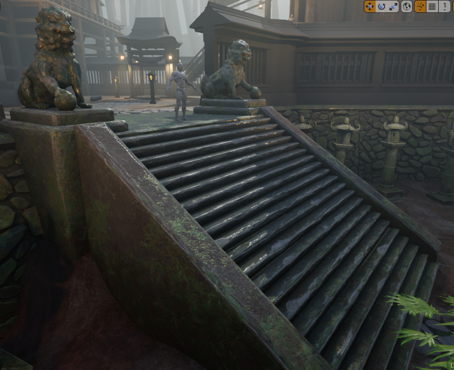 The main staircase now has stone textures applied and proper, beveled and damaged edges (as opposed to the previous lowpoly placeholder). On each side, the Foo Dogs (Komainu) now have textures too.