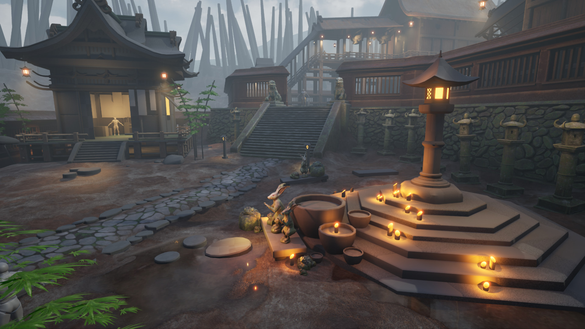 Unreal 4 screenshot of the what is now main camera angle. In the middle are few stone basins for water. Next to them are little animal statues: frogs and rabbits. Behind those are the steps with the stone lantern. Everything now has much more color and behind those elements are mossy stone surfaces.
