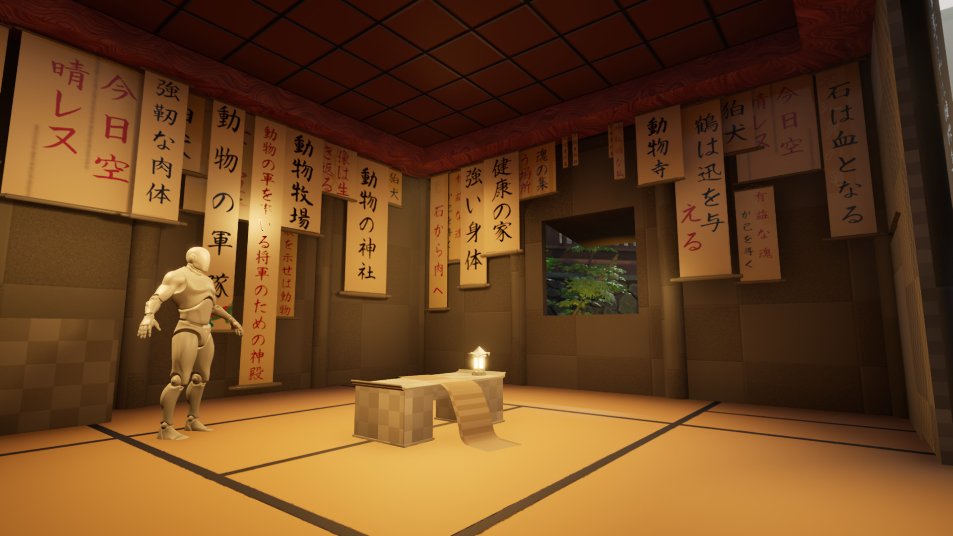 Screenshot of the interior of the calligraphers hut. It’s all in an overpowering yellow tint and tons of fortune scrolls with writings are hanging from the walls.