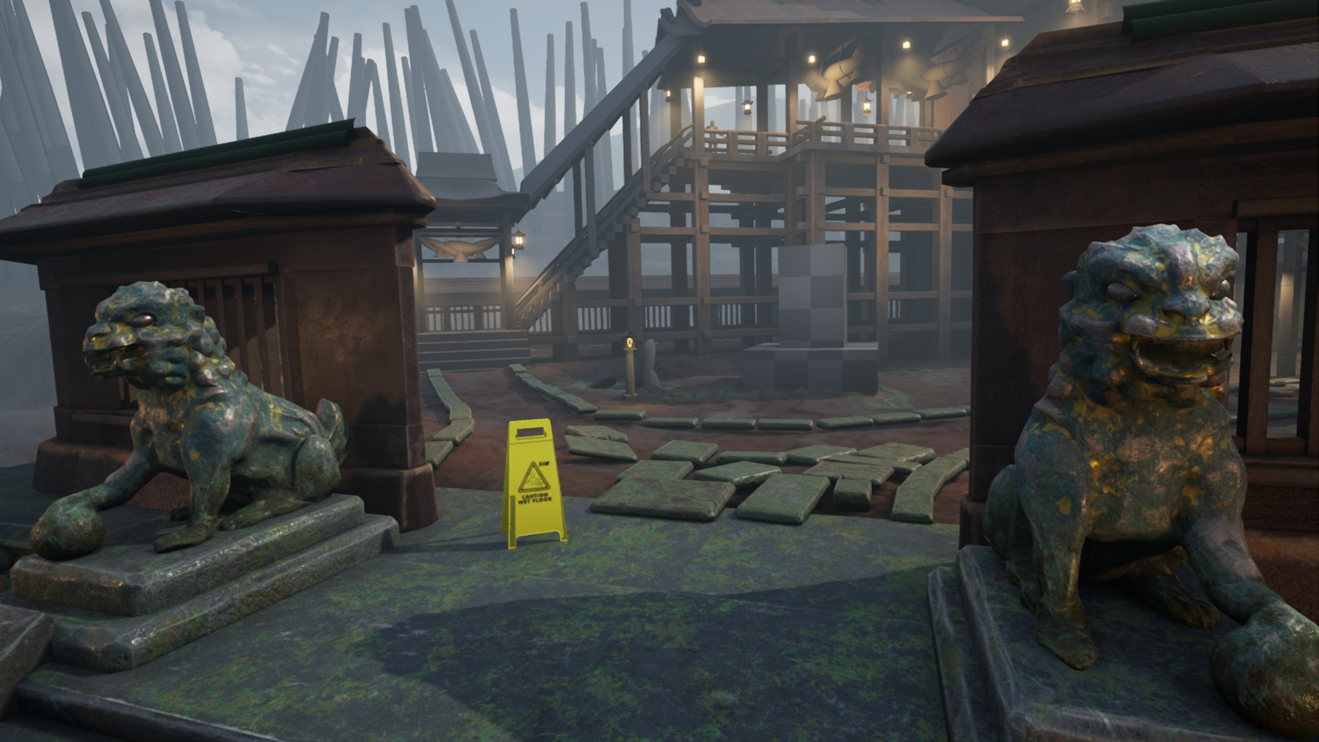 Screenshot of the staircase section with the Foo Dogs. There is stone path under construction with stones scattered about but not yet placed in a good, final arrangement. In front is a yellow sign that reads “CAUTION WET FLOOR”.