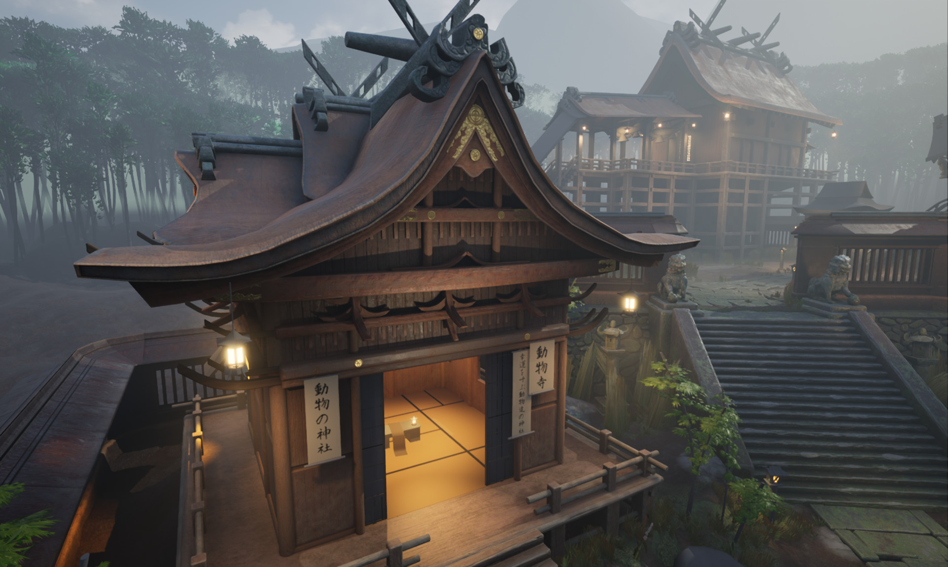 High in the sky screenshot observing the calligraphers hut. The roof is now much more detailed, with golden ornaments on some surfaces. The Chigi and Katsuogi props on the roof now have proper oxidized metal textures.