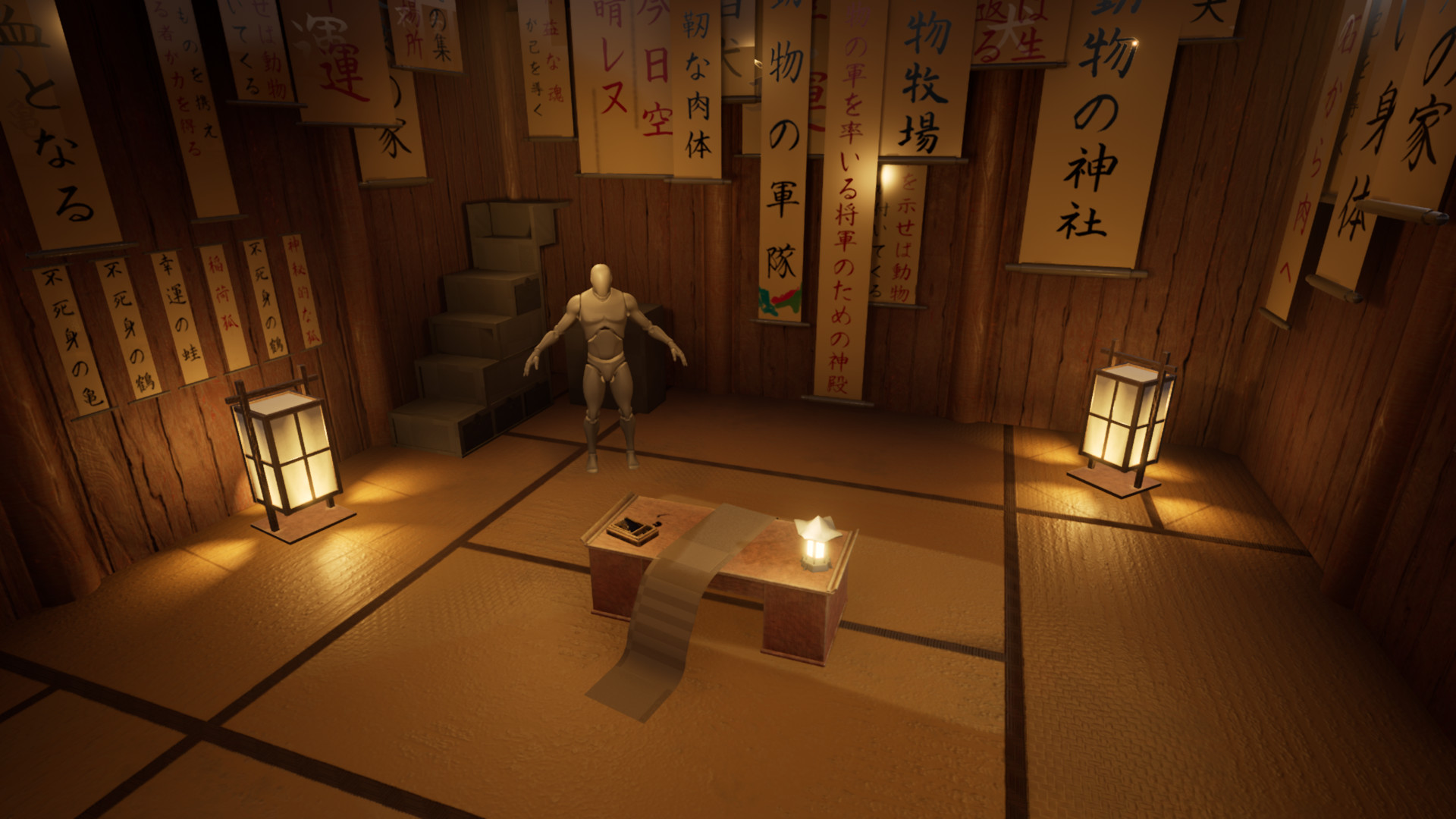 Interior screenshot of the calligraphers hut. The walls are now textured and make the fortune writing scrolls hanging on the walls pop out. The floor has a texture too. There are square lamp props throwing yellow lights in all directions. In the middle is the writing desk.