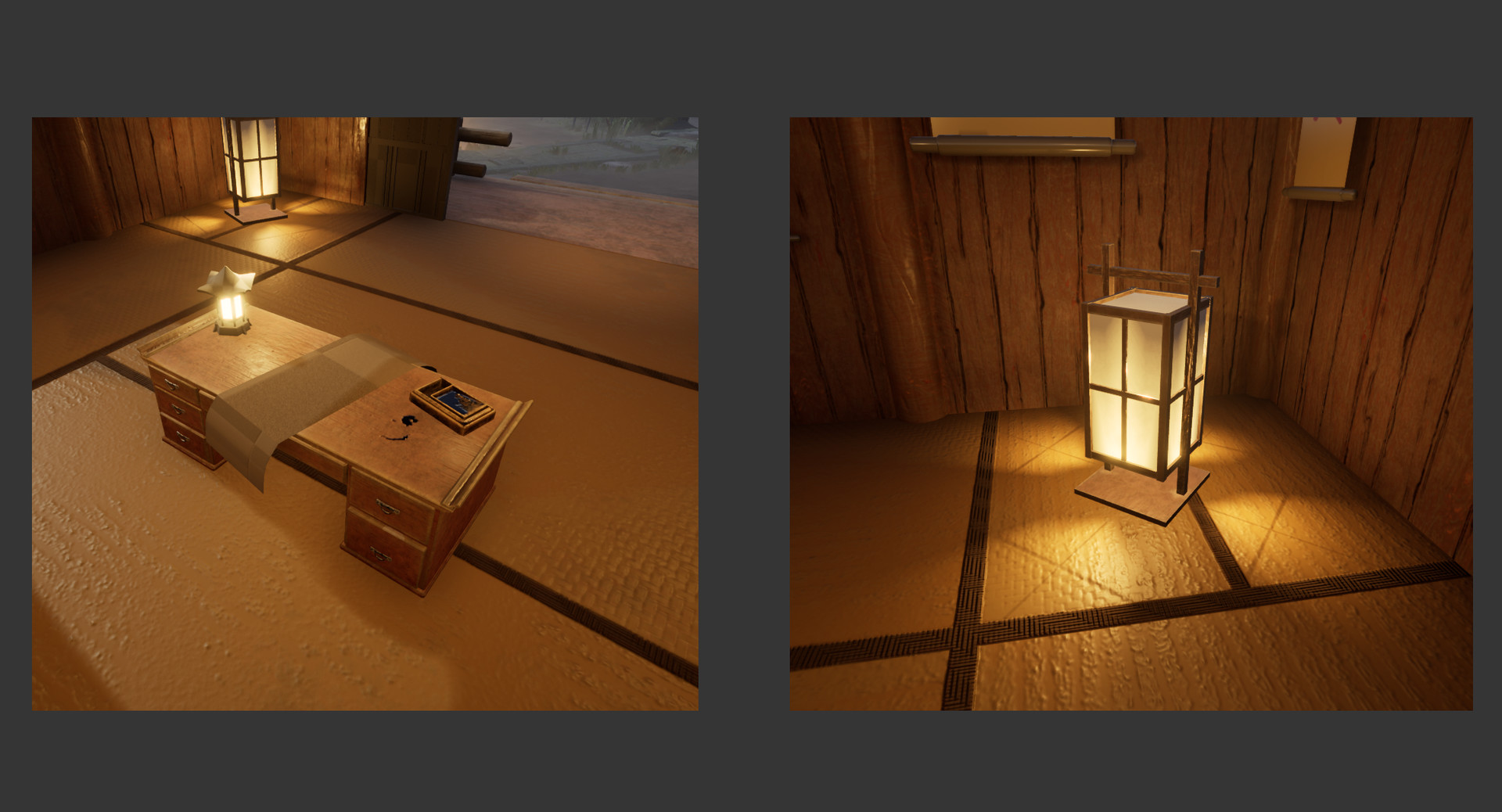 Two screenshots put into one. To the left is the writing desk. One can observe a little ink set for writing sitting on top. Also an untextured scroll. The screenshot to the right shows the lantern prop.