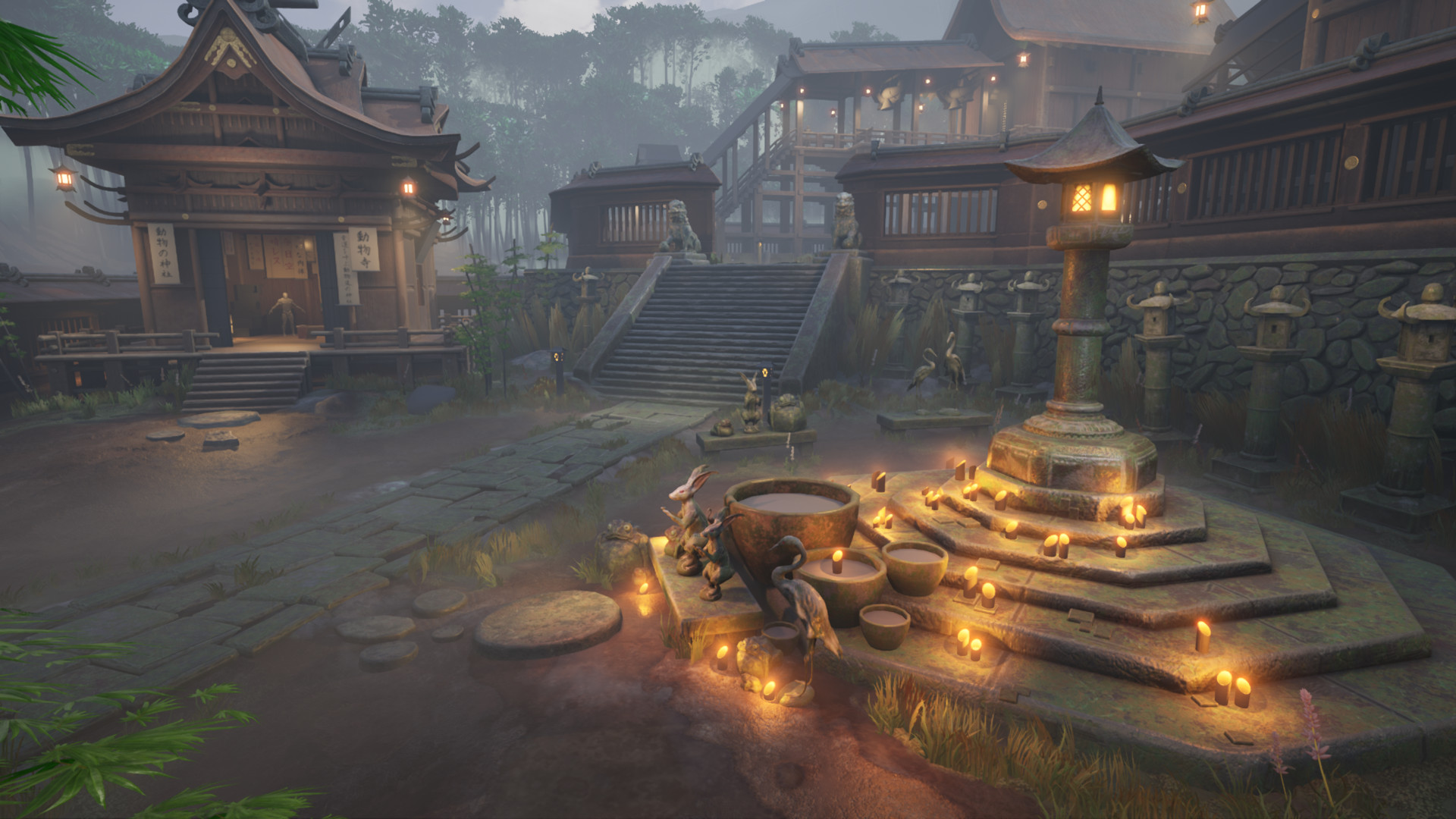 Main camera angle screenshot from Unreal 4. The steps leading to the stone lantern on the shrine on the left are now proper static meshes with textures. The little lanterns are replaced for bamboo cuts with a flame inside them (like candles).