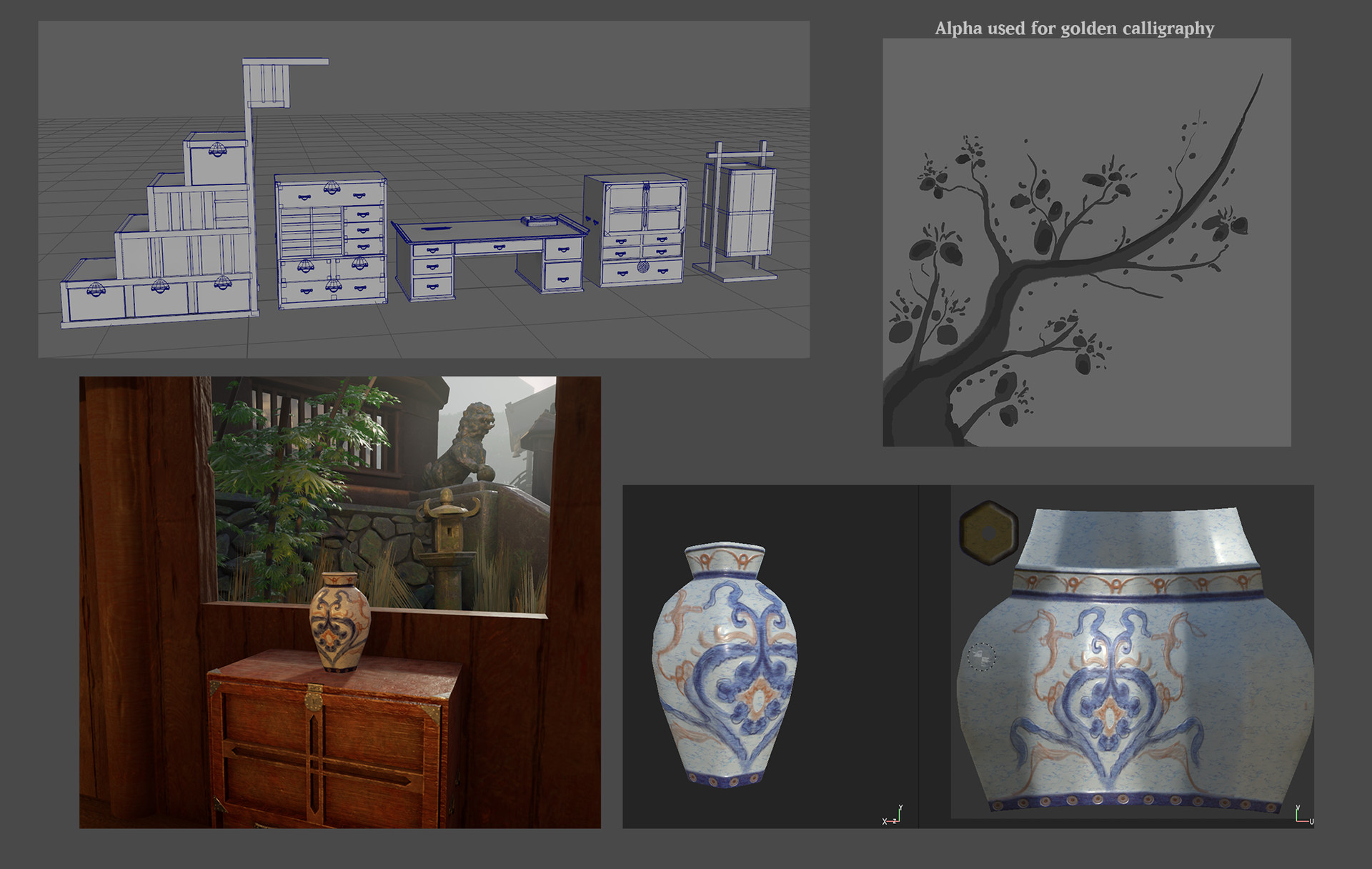 Four more screenshots. Top is Maya view of the furniture used inside the hut. Right is an “Alpha used for golden calligraphy” that looks like a tree branch, hand painted in Photoshop. Below is an Unreal 4 screenshot showing one of the furniture with a vase prop sat on top. Next is the vase, seen in Substance Painter, showing its ceramic textures.