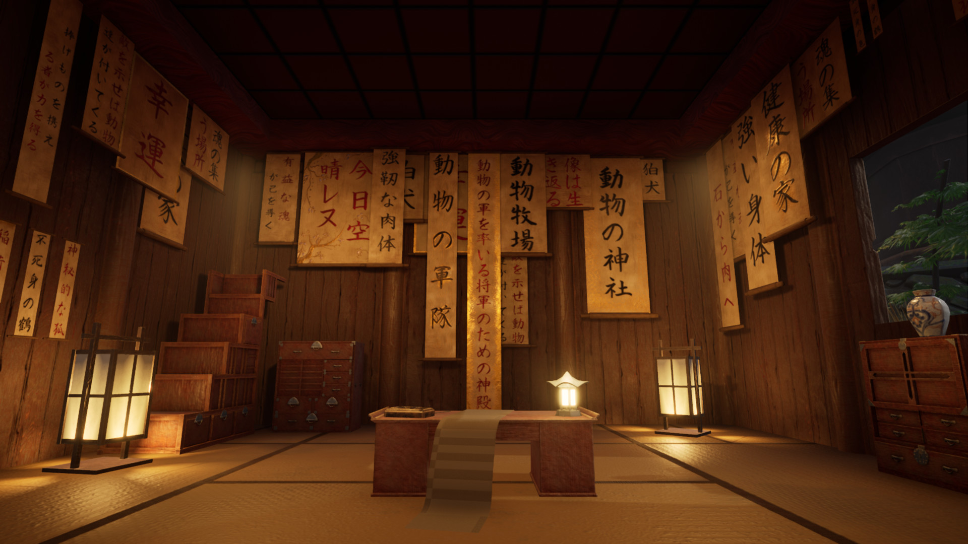 Screenshot from the very front of entering the calligraphers hut. Shows the interior with the hanging scrolls now fully textured in intricate gold leaf surfaces with red and black ink on top. The furniture around the place is now fully finished too. Only the scroll on the writing desk remains untextured yet.
