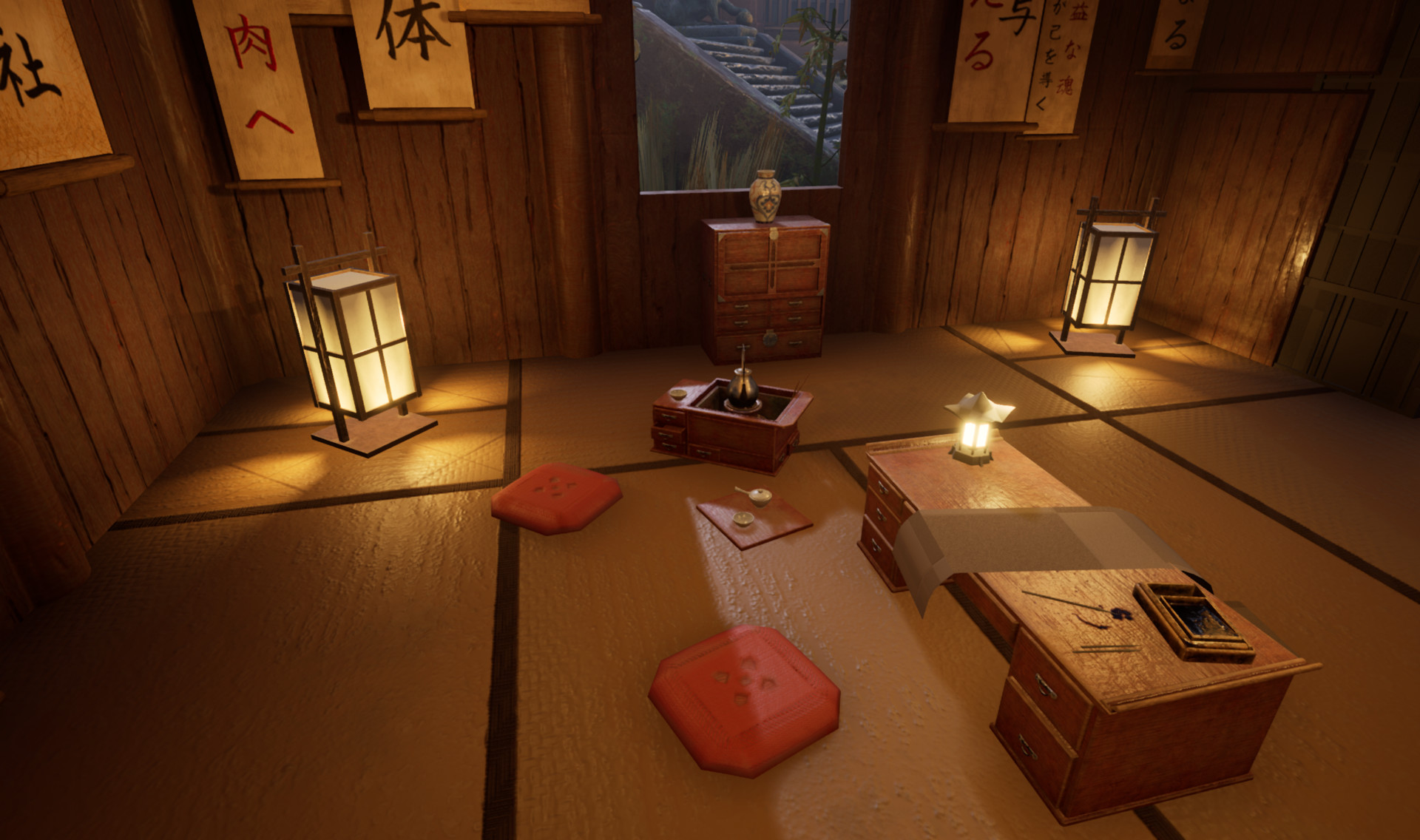 Screenshot inside the calligraphers hut. Shows the writing desk. Behind it there are now 2 red sitting pillows. Next to them is a little tea set.