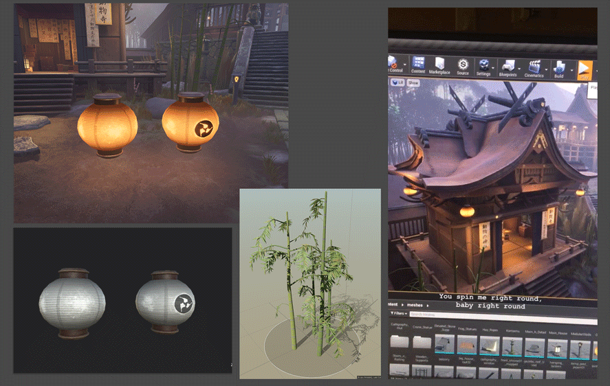 A gif with 4 screenshots. First 2 are the paper lanterns seen in UE4 and in Substance Painter. Next is a bamboo foliage build up inside SpeedTree. The last part is an animated shot, visualizing the new lanterns spinning in a crazy way, an annotation on top reads “You spin me right round, baby right round”.