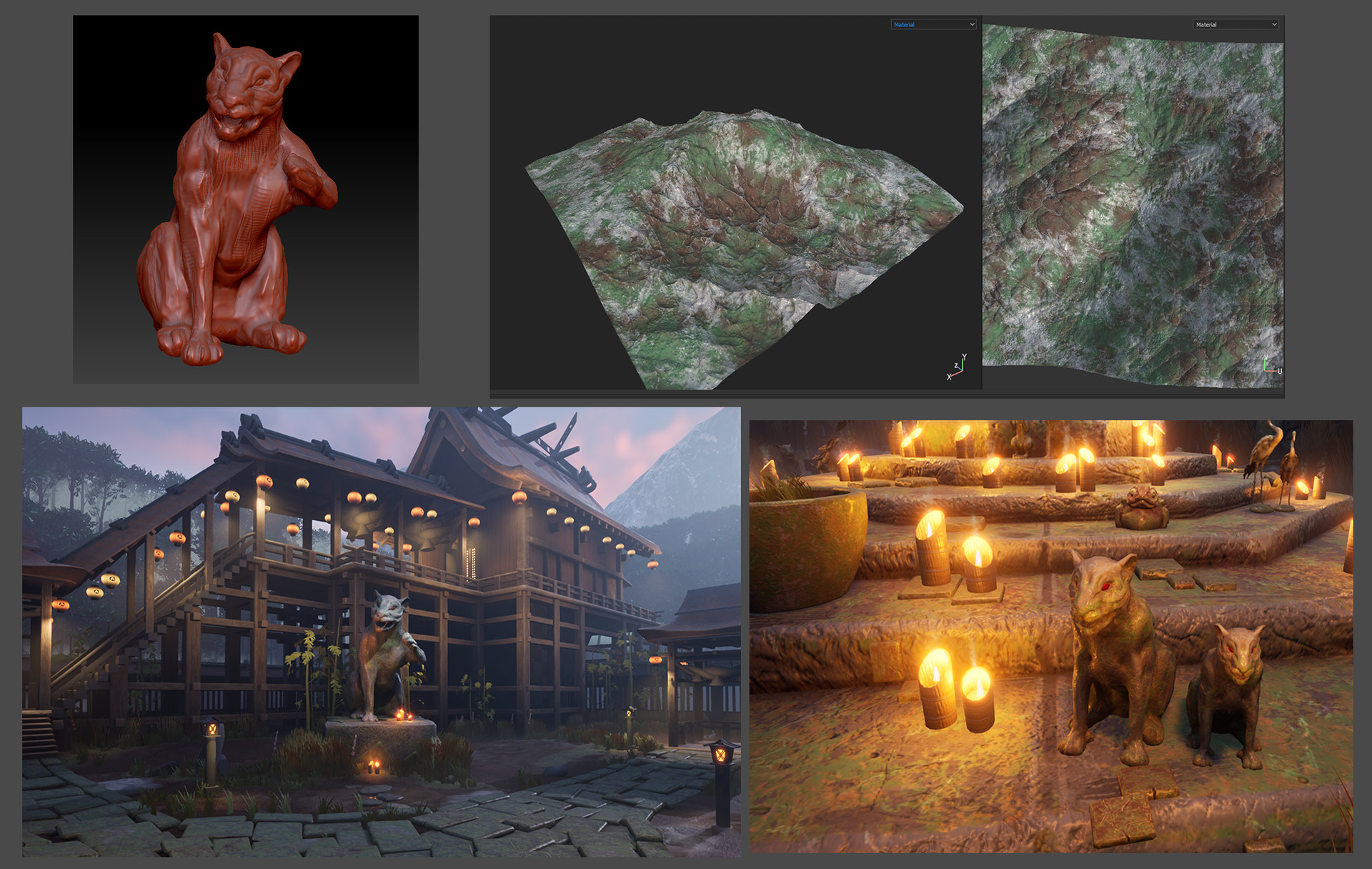 An image with 4 screenshots put together. First one is a Zbrush sculpt of a lion. Next is a Substance Painter screenshot showing a World Machine mountain prop being texture. Below is an Unreal 4 look of that same lion statue in the first picture, now being in use. Last image is that statue, but this time scaled down tiny, and used around the other small animal statues where the circular shrine and bamboo candles are.