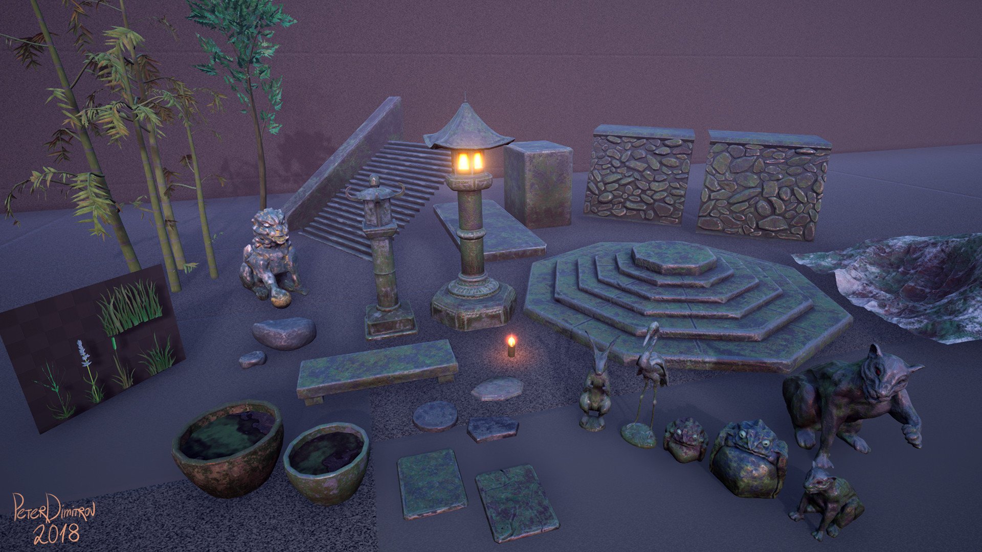 Callout sheet image one. Shows the bamboo, foliage cards, the statues, all the animals, stone lanterns, stone steps, water basins, the mountain used in the backdrop but scaled down multiple times to fit the showcase callout sheet.