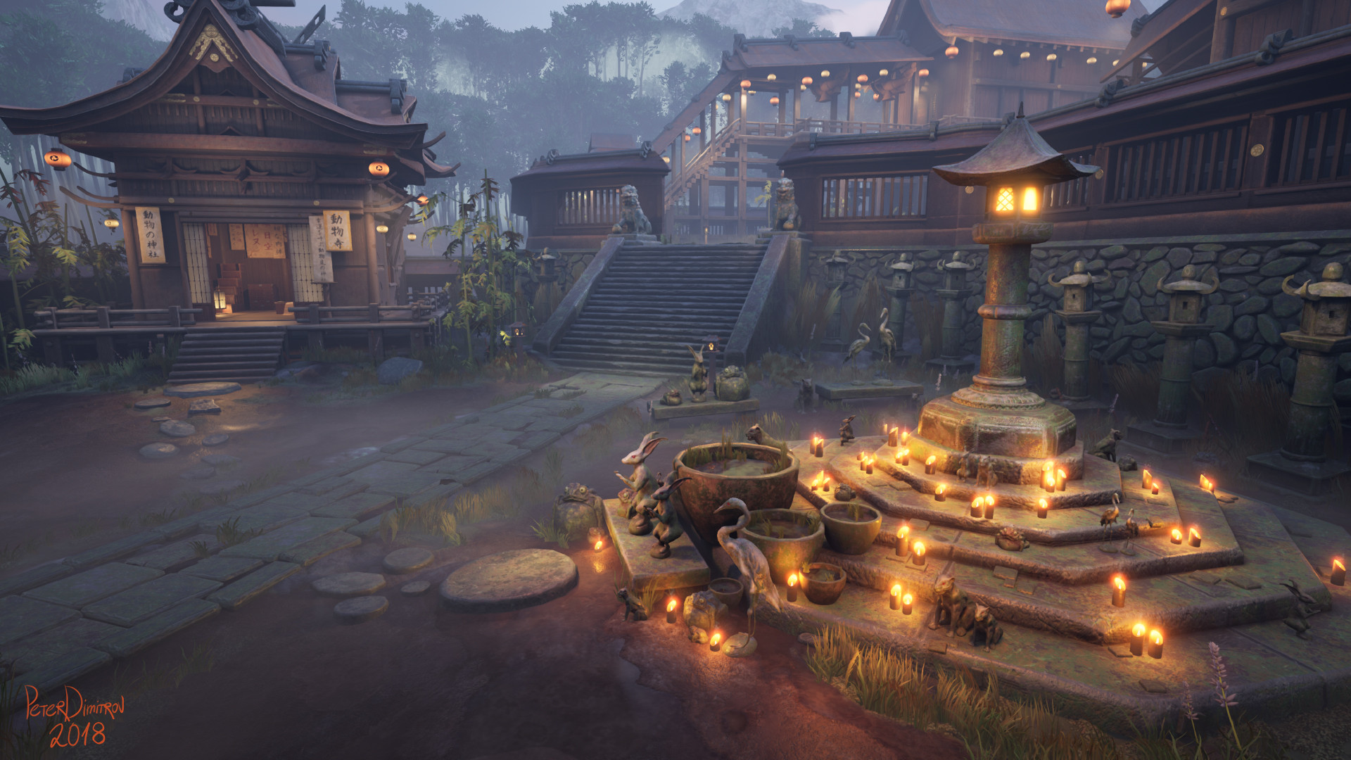 Main angle screenshot. To the left is the calligraphers hut with all the fortune scrolls attached to it. To the right is the circular shine with lots of animal statues in front of a water basin.