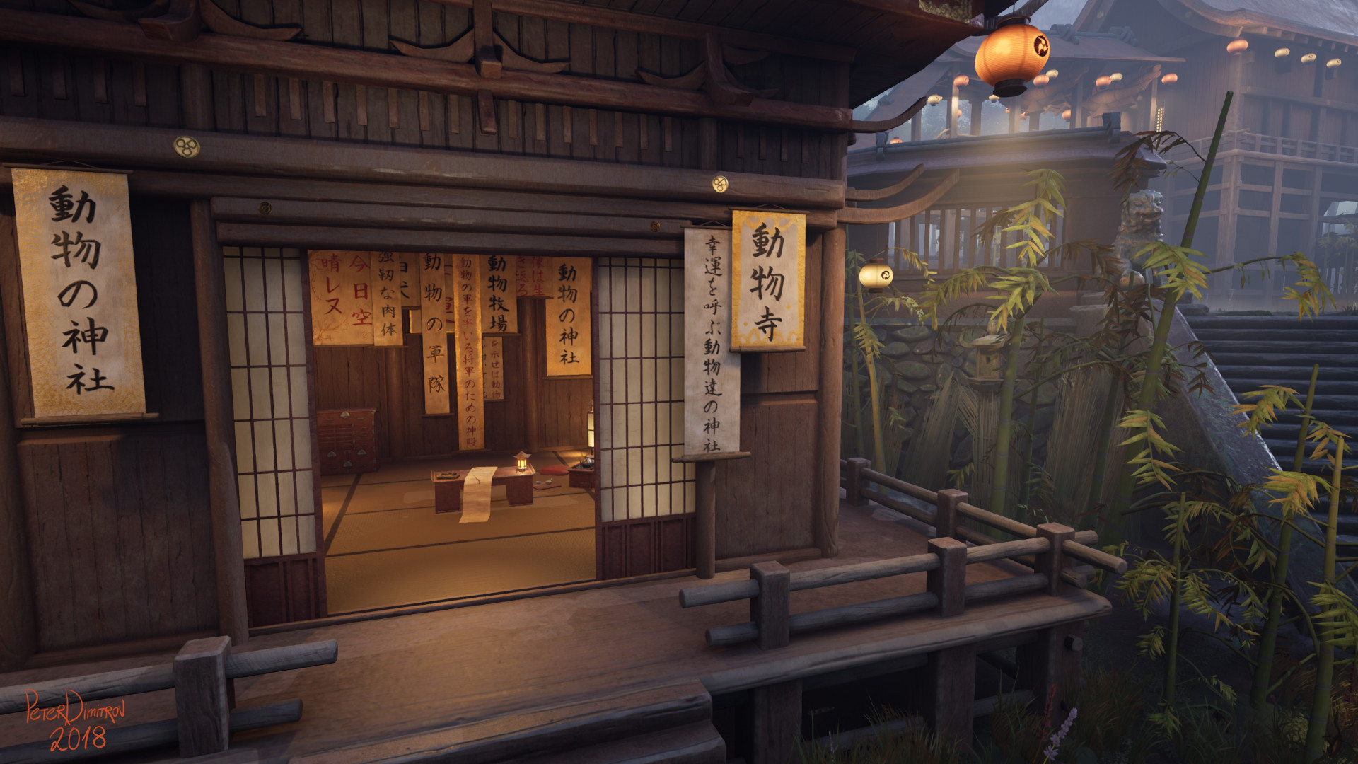 Close up Unreal 4 screenshot of the entrance of the calligraphers hut. To the right one can see the green bamboo props.