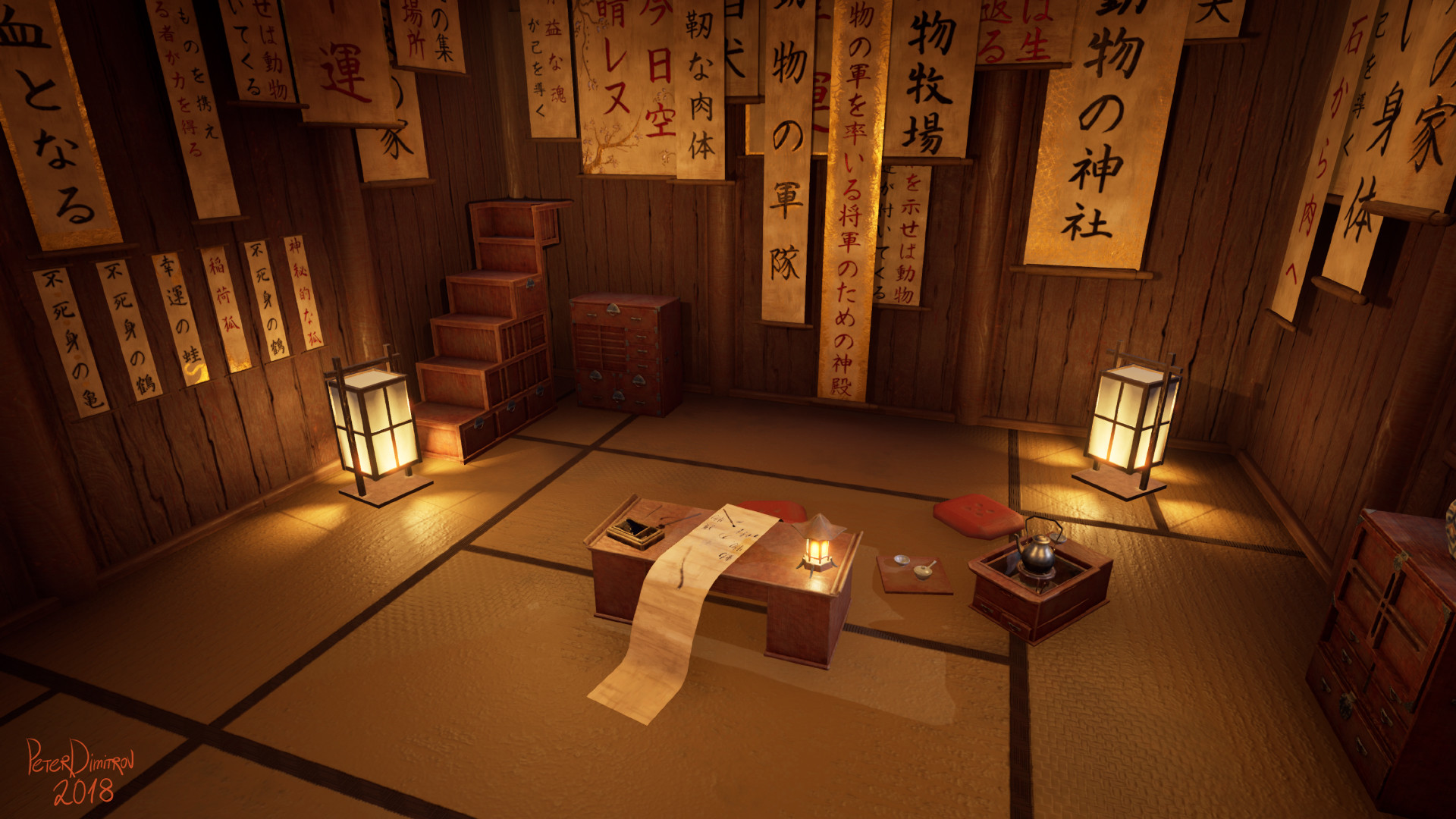The interior of the calligraphers hut. In the middle is the tiny writing desk with pens and scroll on top. In the corners are lots of furniture. On the walls are many Japanese fortune scrolls.
