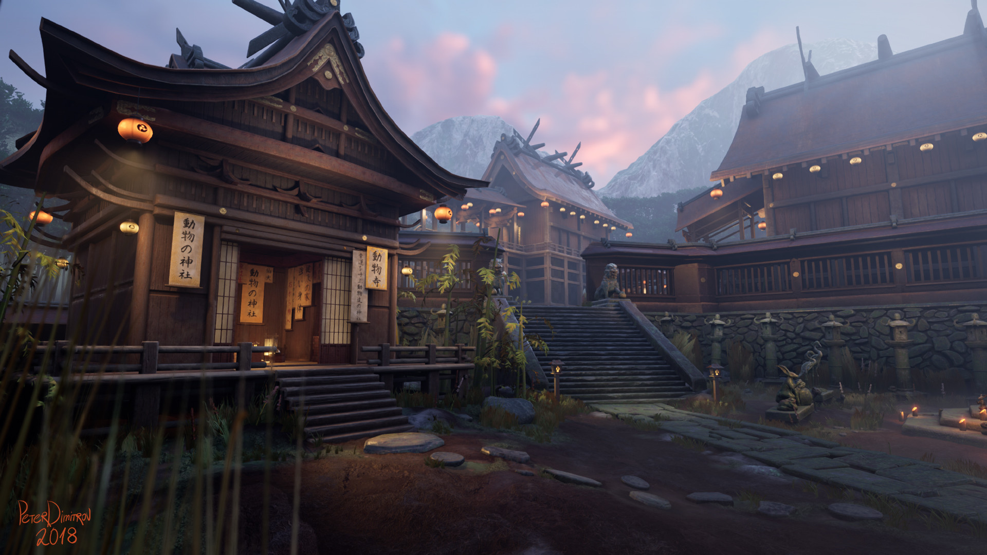 Another screenshot from the UE4 scene. Shows an angled, close to the ground view of the calligraphers hut. To the left are some grasses and foliage obscuring the camera and blurred.