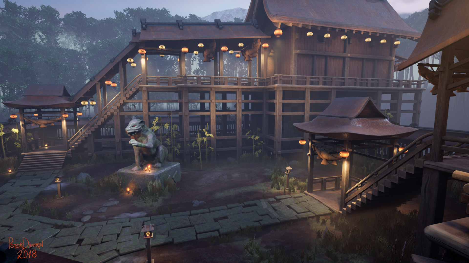 Screenshot overlooking the second vertical level of the scene, right after getting past the stone steps. To the left is a square stone cut with a lion statue sitting on top. Behind it are lots of tiny wooden supports on which sit the main structures of the place.