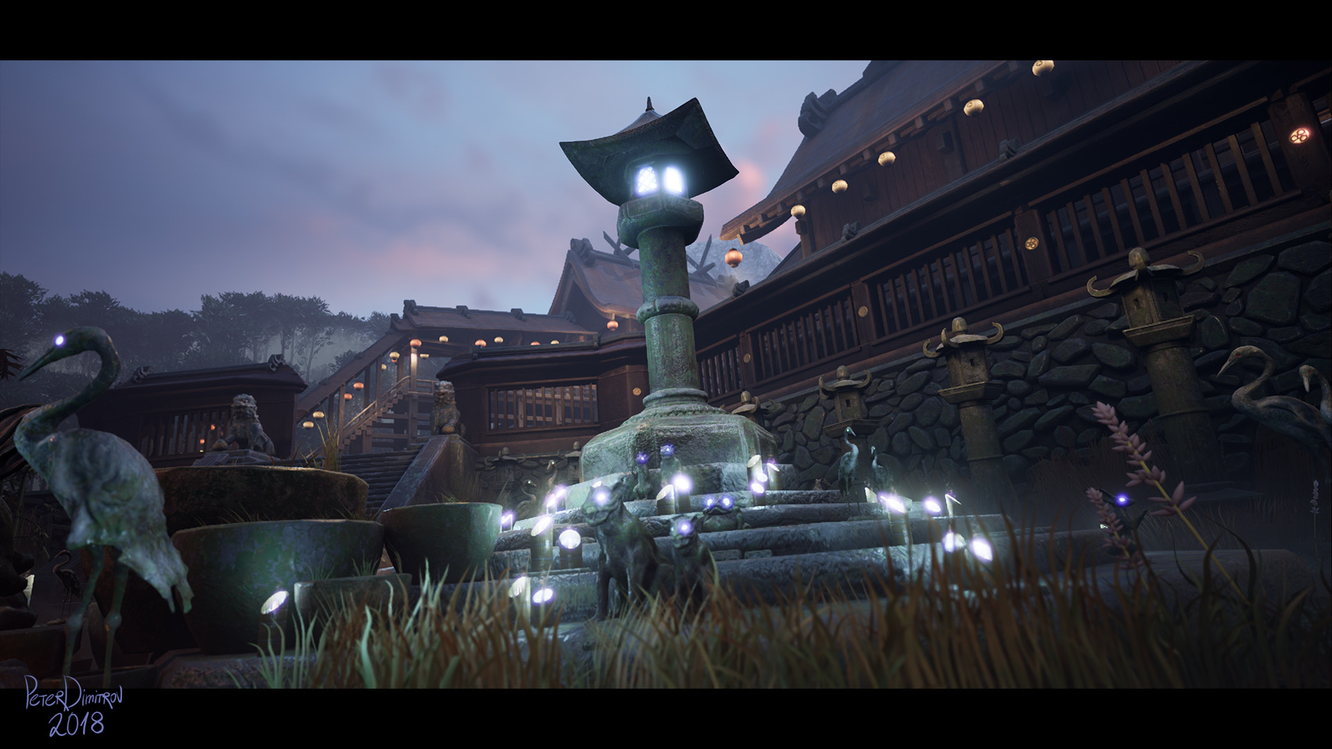 Low angle screenshot, from the ground. Shows the circular shrine with the bamboo candles and the stone lantern. All of the lights are recolored from their ordinary orange, to a cold, magical blue. The animal statues now have their eyes light up and those are also in aggressive, white blue colors.