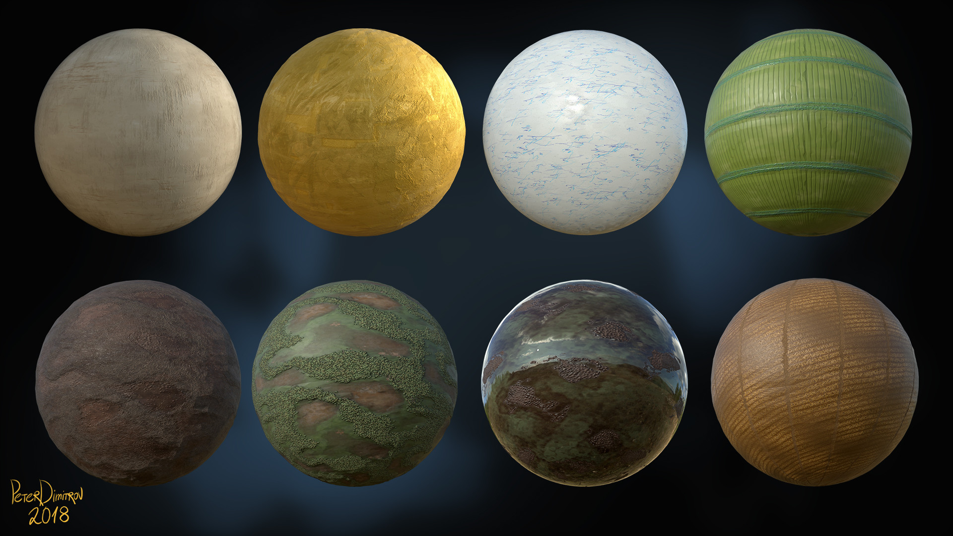 Material callout sheet one. Shows 8 UV spheres rendered from inside Substance Designer. In order of appearance: paper, gold leaf, ceramic, bamboo, ground mud, ground mud mossy, ground mud wet, hay.