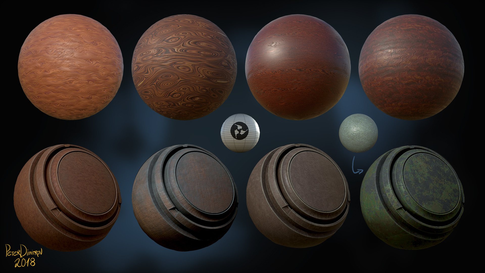Material callout sheet two. Shows another 8 UV spheres. Between them are 2 tiny ones. In order of appearance: wood warm and light, wood darker, wood mahogany, wood mahogany intricate. The next 4 uv spheres are of “Smart Materials” set up in Substance Painter using the above previous 4. Those are wood and mossy stone surfaces. Between all spheres are the final 2 tiny ones that show paper lantern texture and base stone texture.