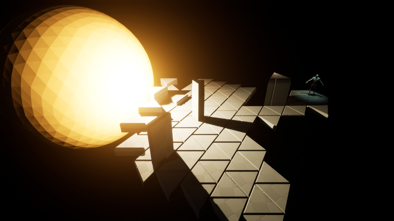 Early game screenshot from UE4. Showcasing pitch black background with an orange sphere to the side and lots of triangular land pieces to the right.
