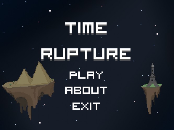 Start screen of the 2D, pixel art game “Time Rupture”. Starry pixel-art sky with white text on top that reads the game name. On each side are floating pixel lands with Egyptian Pyramids on one, the Eiffel Tower on the other.