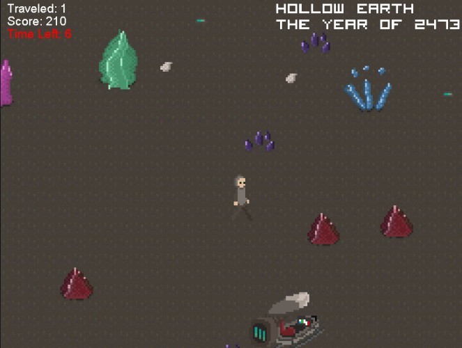 Another screenshot, this time around in an underground place. Around are scattered red, green, pink and purple crystals. The top right of the screen reads and explains that the place is “HOLLOW EARTH - THE YEAR OF 2473”